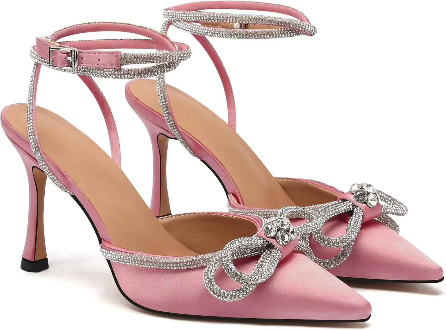 JANSEVEN Rhinestone Bow Heels Black Satin Bowknot Heeled Sandals For Women Ankle Strap Pumps Knotted Sparkling High Heels Closed Pointed Toe 3 In Wedding Bridal Shoes