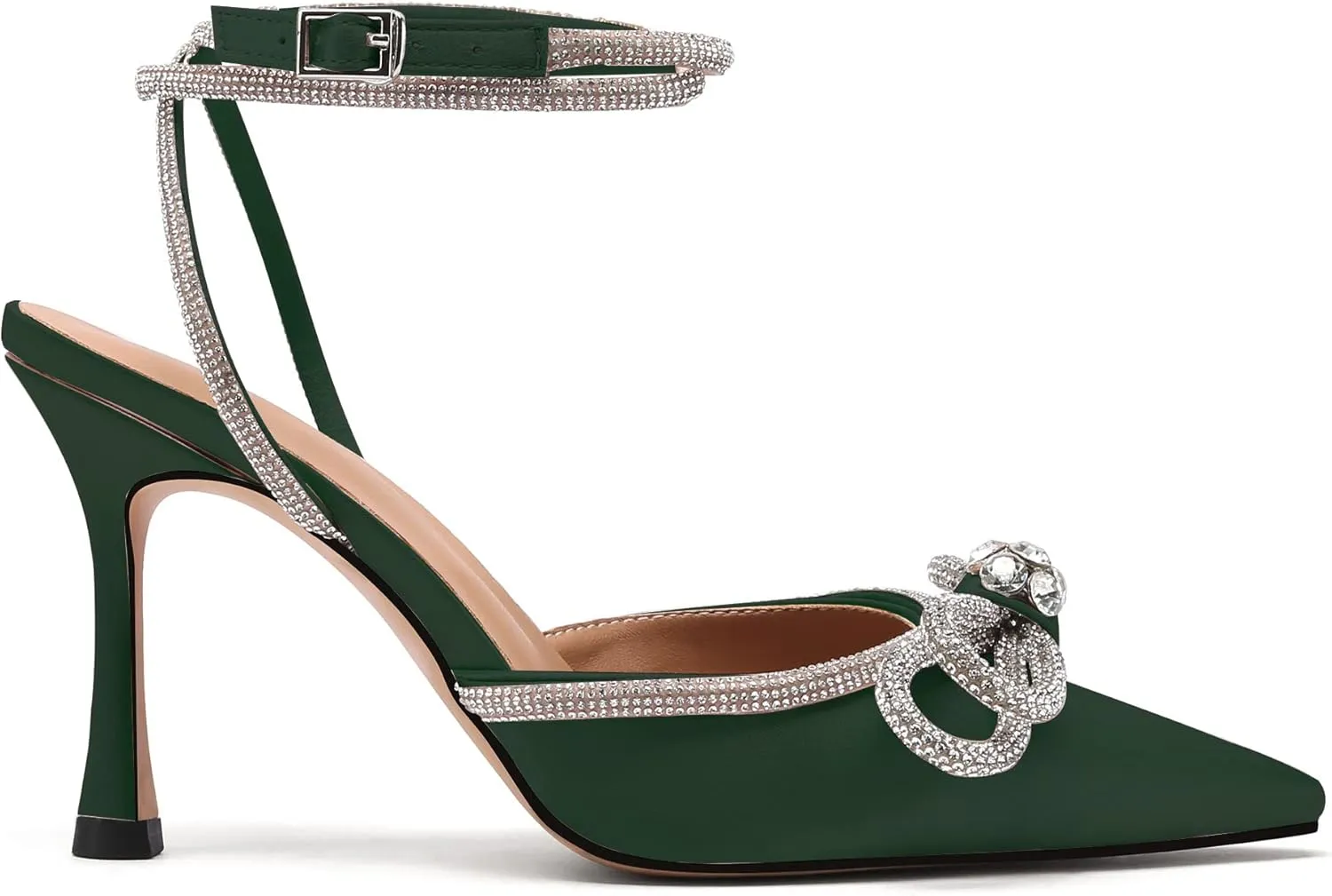 JANSEVEN Rhinestone Bow Heels Black Satin Bowknot Heeled Sandals For Women Ankle Strap Pumps Knotted Sparkling High Heels Closed Pointed Toe 3 In Wedding Bridal Shoes