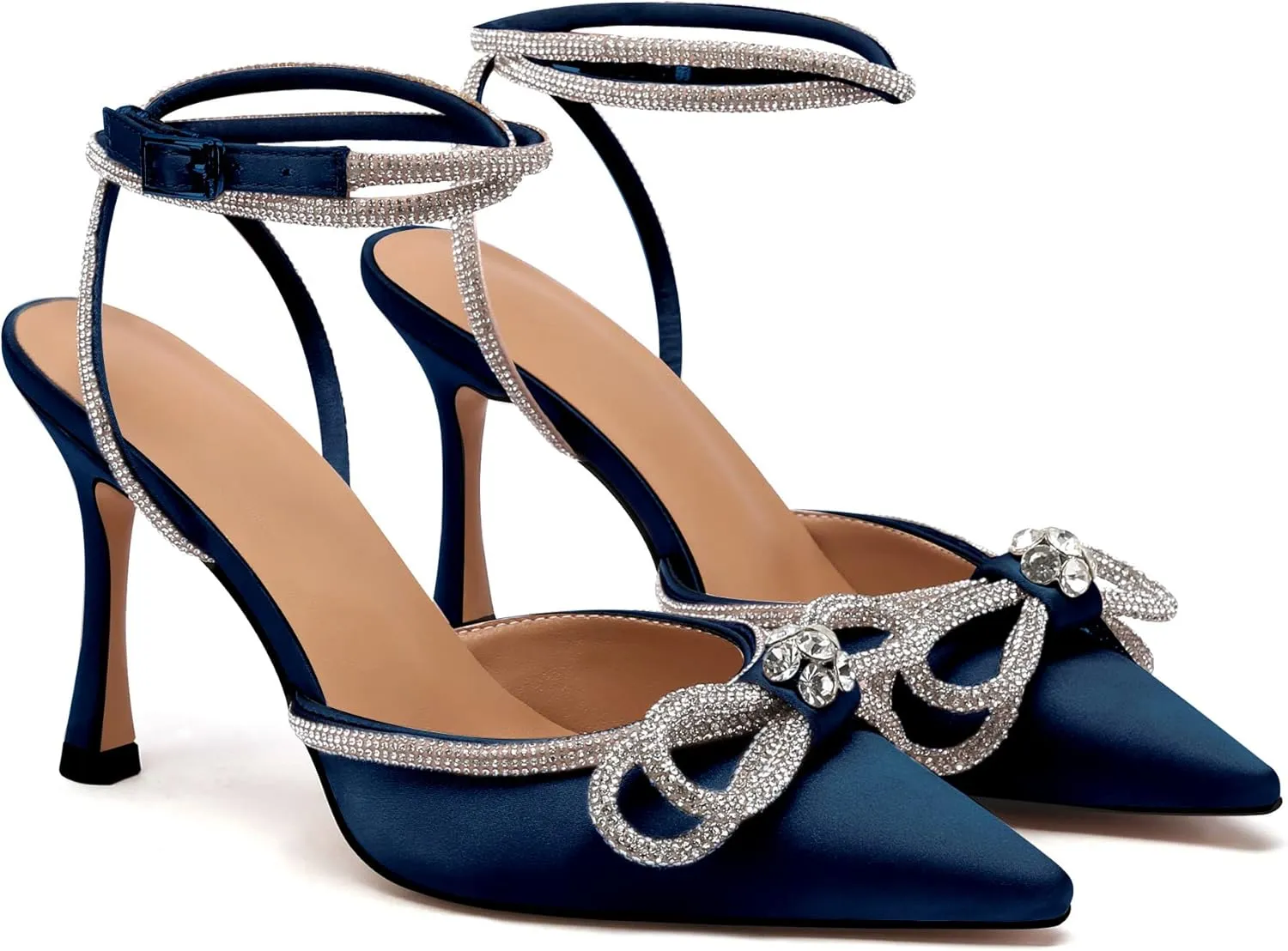 JANSEVEN Rhinestone Bow Heels Black Satin Bowknot Heeled Sandals For Women Ankle Strap Pumps Knotted Sparkling High Heels Closed Pointed Toe 3 In Wedding Bridal Shoes