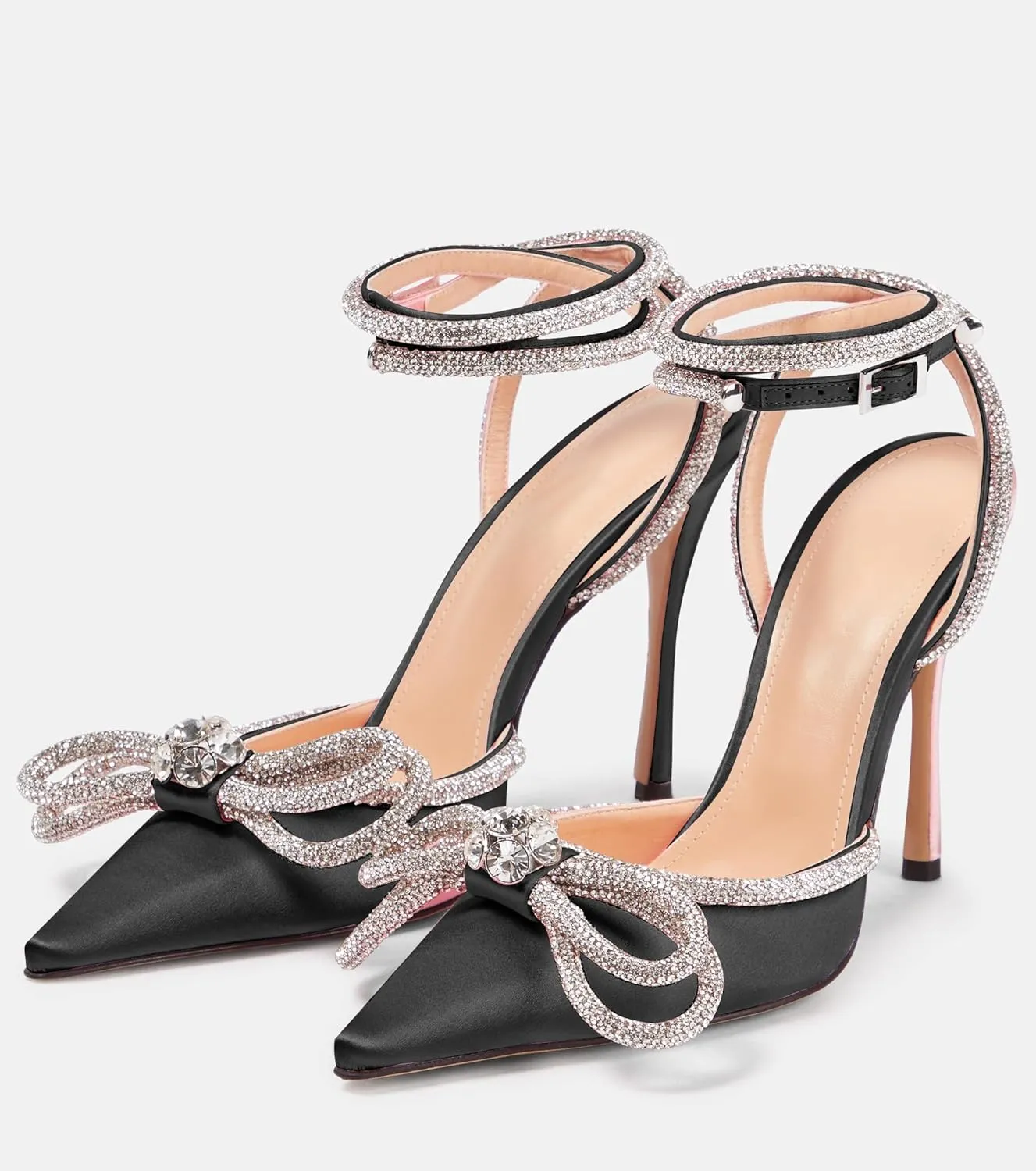 JANSEVEN Rhinestone Bow Heels Black Satin Bowknot Heeled Sandals For Women Ankle Strap Pumps Knotted Sparkling High Heels Closed Pointed Toe 3 In Wedding Bridal Shoes
