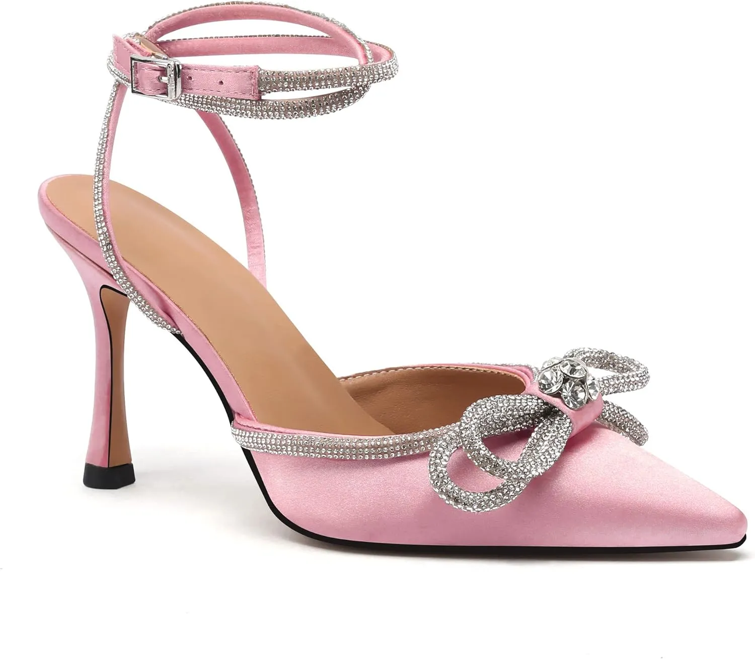 JANSEVEN Rhinestone Bow Heels Black Satin Bowknot Heeled Sandals For Women Ankle Strap Pumps Knotted Sparkling High Heels Closed Pointed Toe 3 In Wedding Bridal Shoes