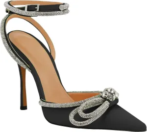 JANSEVEN Rhinestone Bow Heels Black Satin Bowknot Heeled Sandals For Women Ankle Strap Pumps Knotted Sparkling High Heels Closed Pointed Toe 3 In Wedding Bridal Shoes