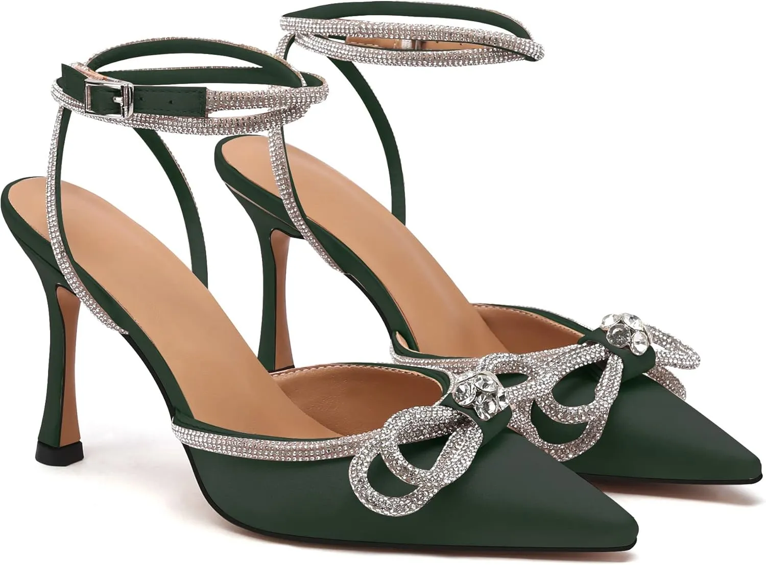 JANSEVEN Rhinestone Bow Heels Black Satin Bowknot Heeled Sandals For Women Ankle Strap Pumps Knotted Sparkling High Heels Closed Pointed Toe 3 In Wedding Bridal Shoes