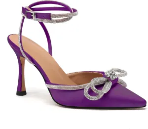 JANSEVEN Rhinestone Bow Heels Black Satin Bowknot Heeled Sandals For Women Ankle Strap Pumps Knotted Sparkling High Heels Closed Pointed Toe 3 In Wedding Bridal Shoes