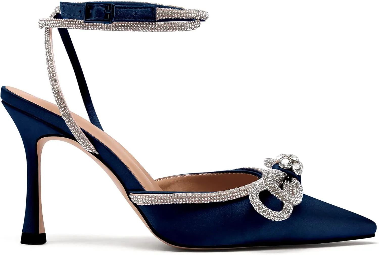 JANSEVEN Rhinestone Bow Heels Black Satin Bowknot Heeled Sandals For Women Ankle Strap Pumps Knotted Sparkling High Heels Closed Pointed Toe 3 In Wedding Bridal Shoes