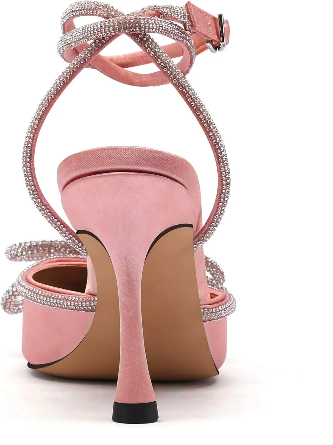 JANSEVEN Rhinestone Bow Heels Black Satin Bowknot Heeled Sandals For Women Ankle Strap Pumps Knotted Sparkling High Heels Closed Pointed Toe 3 In Wedding Bridal Shoes