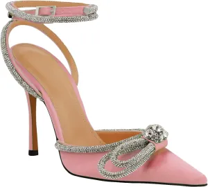 JANSEVEN Rhinestone Bow Heels Black Satin Bowknot Heeled Sandals For Women Ankle Strap Pumps Knotted Sparkling High Heels Closed Pointed Toe 3 In Wedding Bridal Shoes