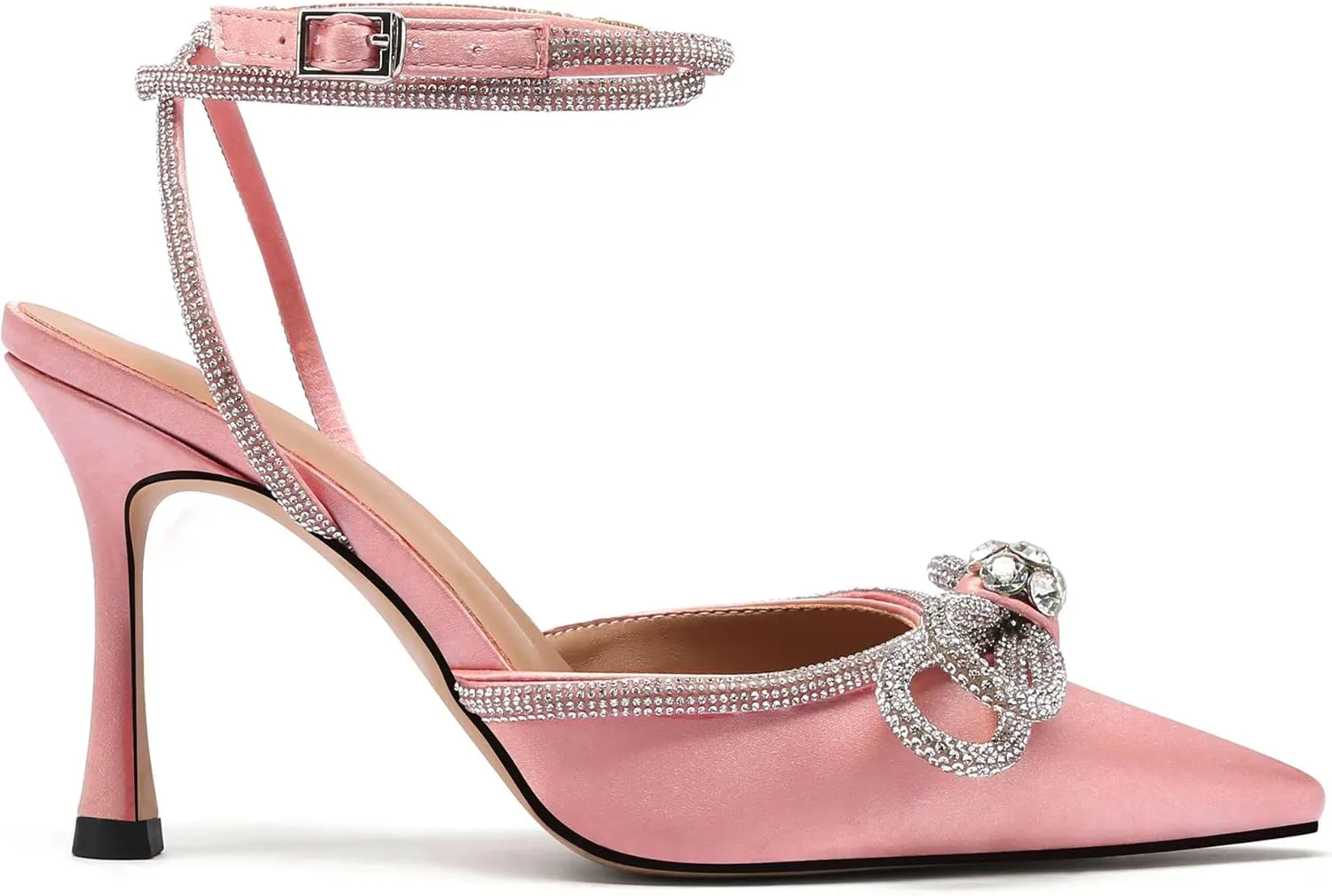 JANSEVEN Rhinestone Bow Heels Black Satin Bowknot Heeled Sandals For Women Ankle Strap Pumps Knotted Sparkling High Heels Closed Pointed Toe 3 In Wedding Bridal Shoes