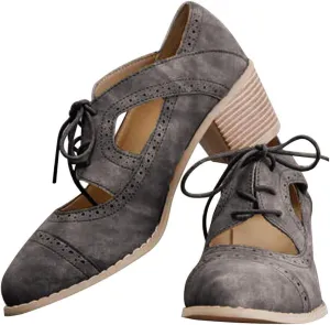JITUUE Oxford Shoes for Women Chunky Heels Brogue Leather Saddle Dress Shoes Lace up Vintage Wingtip Ankle Boots