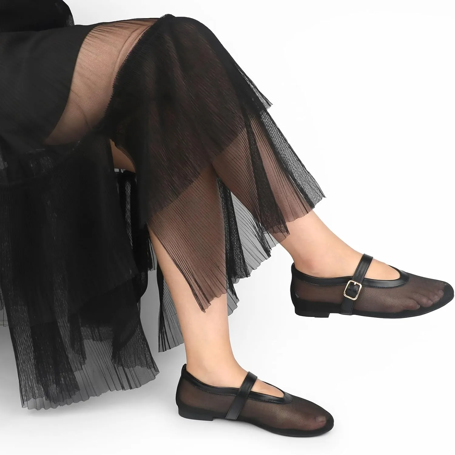 JOY IN LOVE Mesh Ballet Flats for Women Buckle Strap Round Toe Mary Jane Shoes