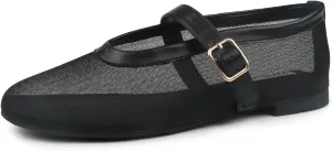 JOY IN LOVE Mesh Ballet Flats for Women Buckle Strap Round Toe Mary Jane Shoes
