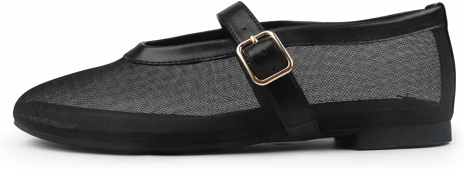 JOY IN LOVE Mesh Ballet Flats for Women Buckle Strap Round Toe Mary Jane Shoes