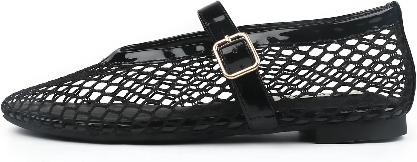 JOY IN LOVE Mesh Ballet Flats for Women Buckle Strap Round Toe Mary Jane Shoes