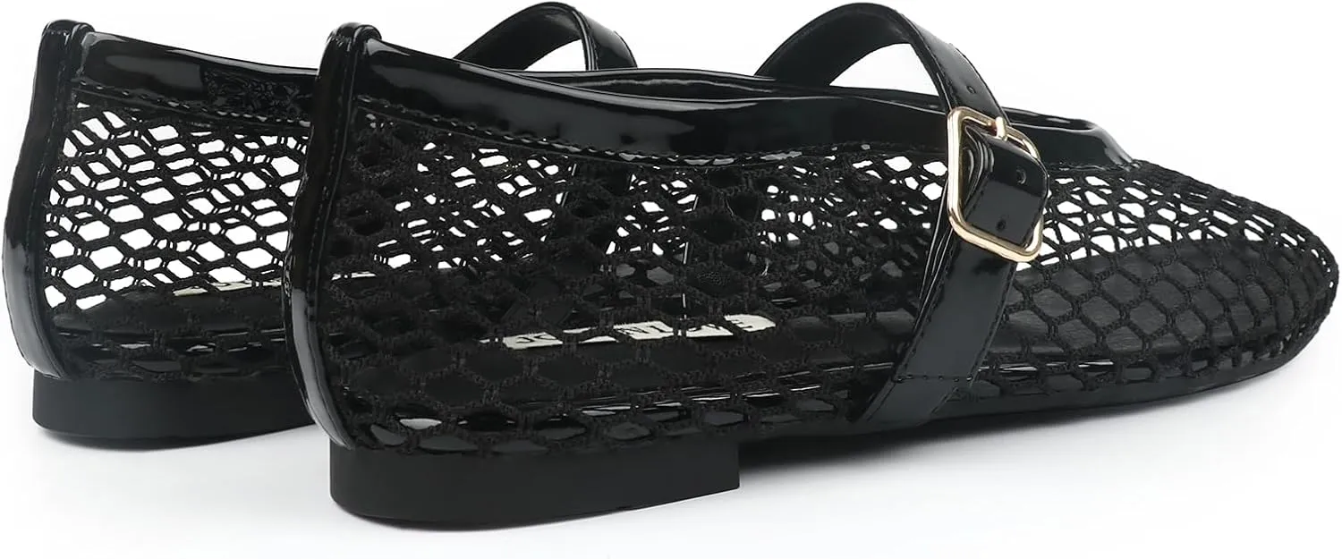 JOY IN LOVE Mesh Ballet Flats for Women Buckle Strap Round Toe Mary Jane Shoes