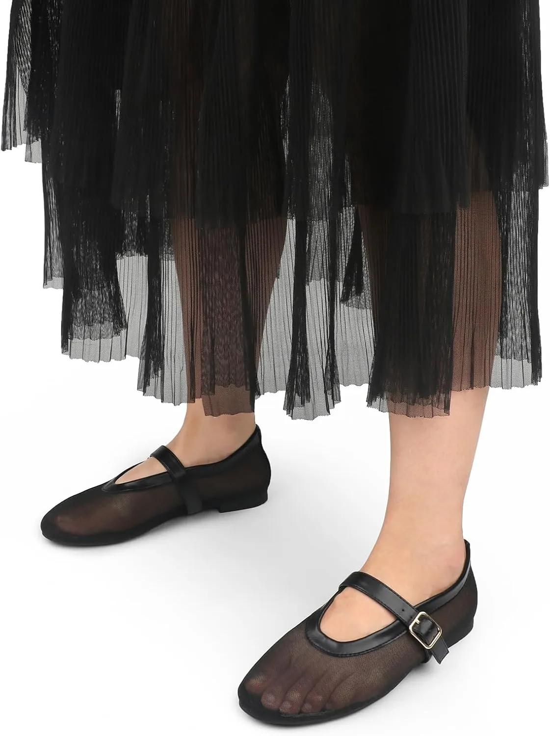 JOY IN LOVE Mesh Ballet Flats for Women Buckle Strap Round Toe Mary Jane Shoes