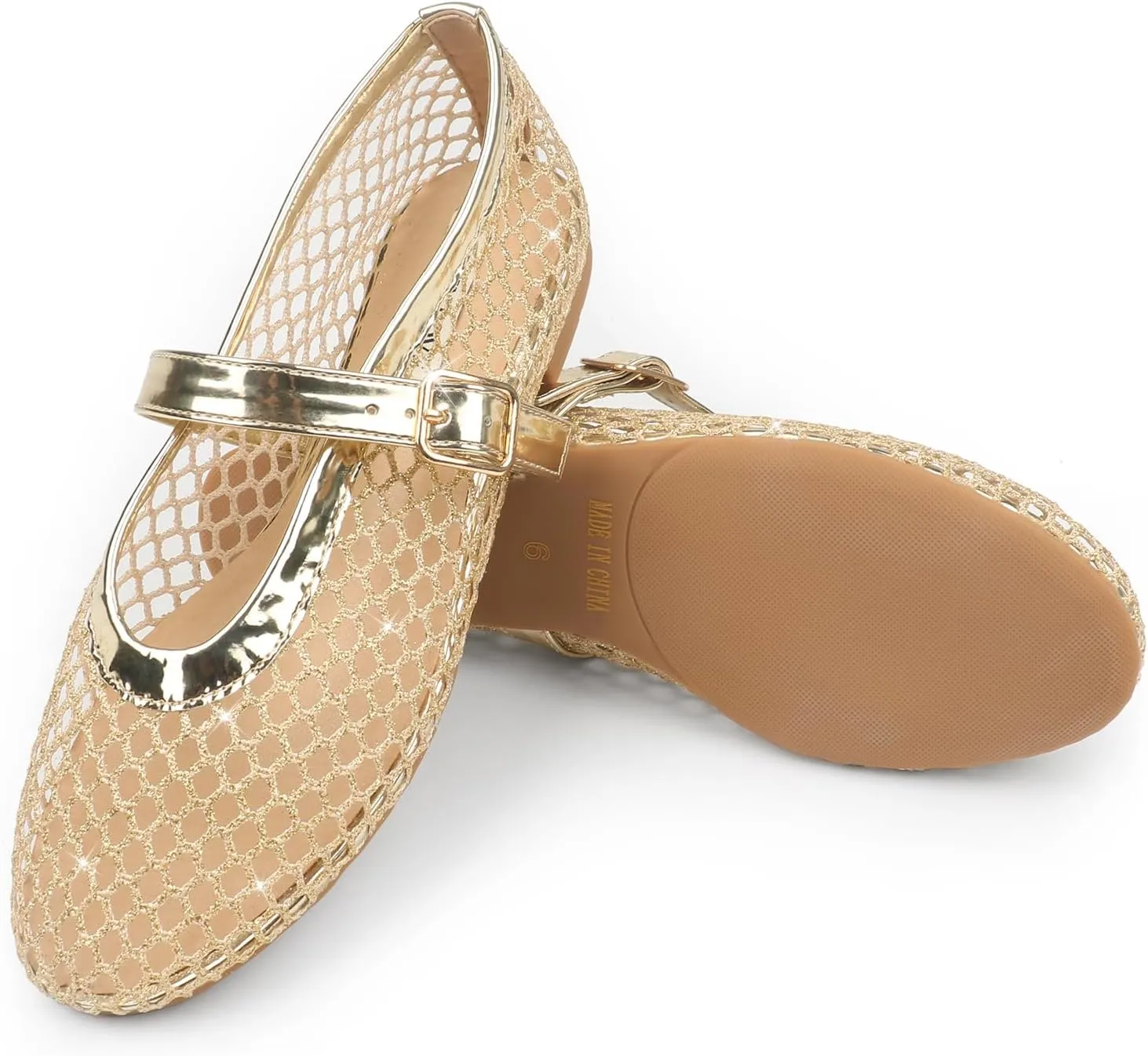 JOY IN LOVE Mesh Ballet Flats for Women Buckle Strap Round Toe Mary Jane Shoes