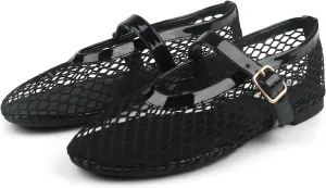 JOY IN LOVE Mesh Ballet Flats for Women Buckle Strap Round Toe Mary Jane Shoes