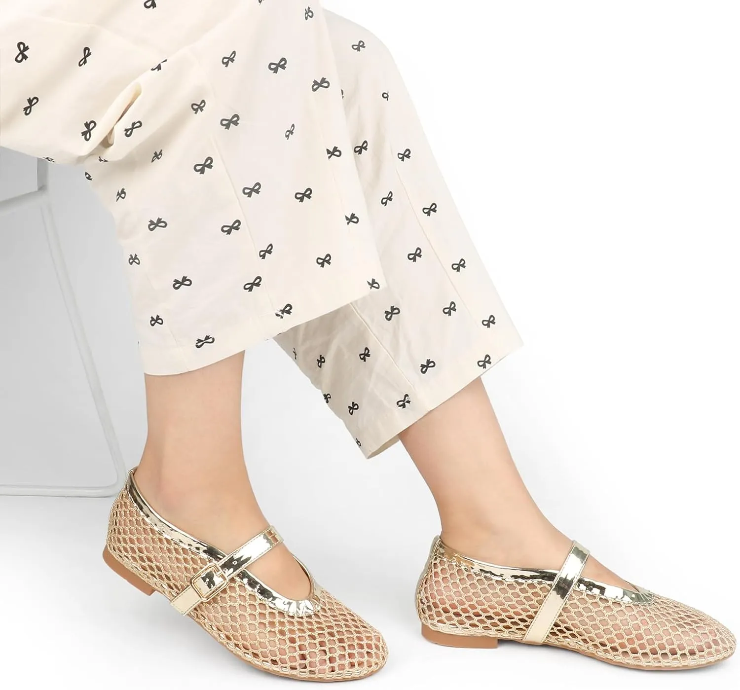 JOY IN LOVE Mesh Ballet Flats for Women Buckle Strap Round Toe Mary Jane Shoes