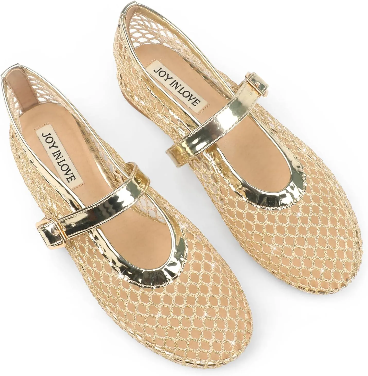JOY IN LOVE Mesh Ballet Flats for Women Buckle Strap Round Toe Mary Jane Shoes