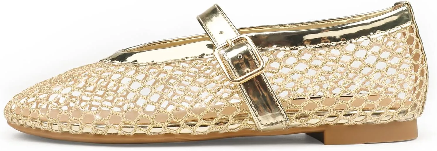 JOY IN LOVE Mesh Ballet Flats for Women Buckle Strap Round Toe Mary Jane Shoes
