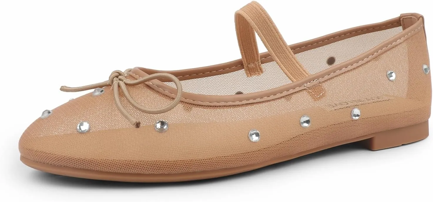 JOY IN LOVE Mesh Ballet Flats for Women Buckle Strap Round Toe Mary Jane Shoes