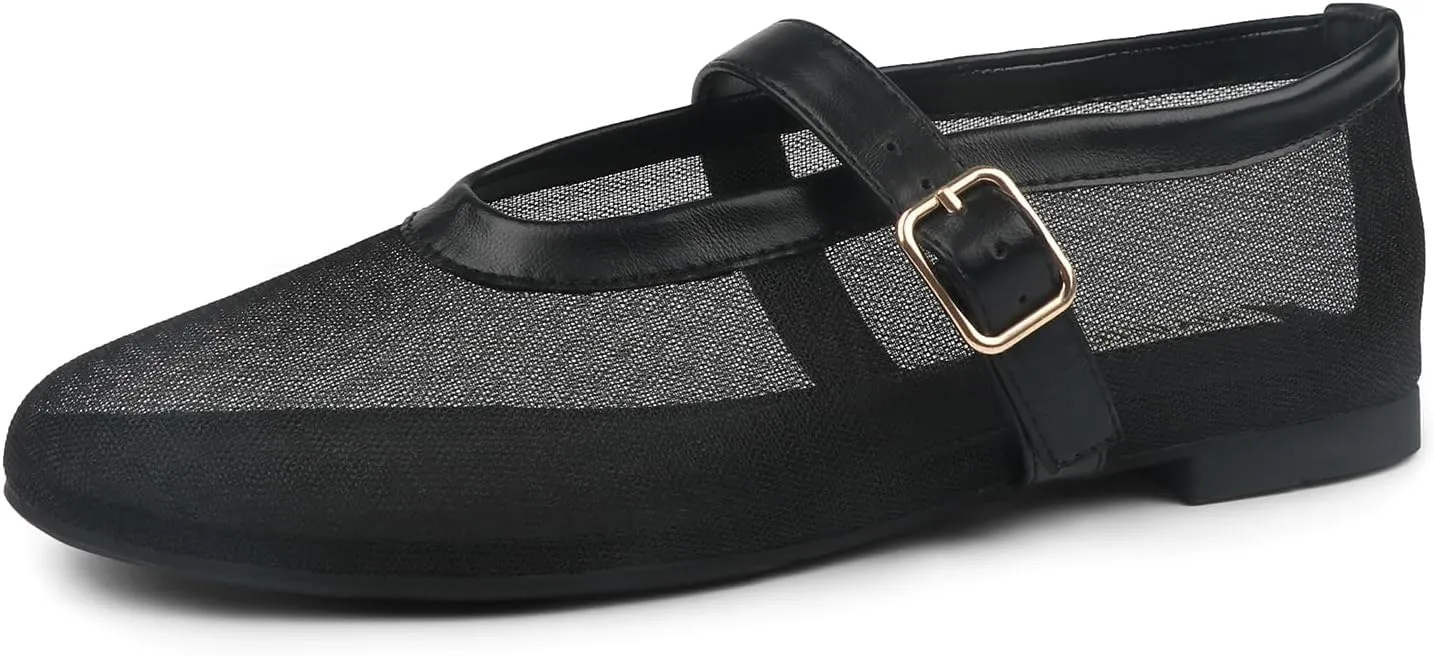 JOY IN LOVE Mesh Ballet Flats for Women Buckle Strap Round Toe Mary Jane Shoes