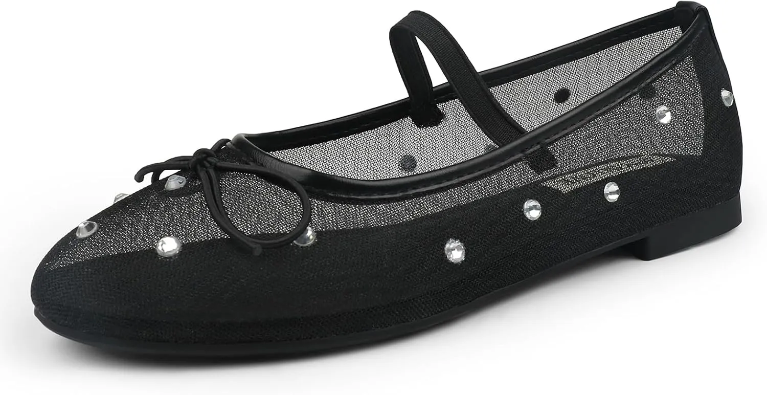 JOY IN LOVE Mesh Ballet Flats for Women Slip on Round Toe Ballerina Shoes with Rhinestone and Bow Black US9