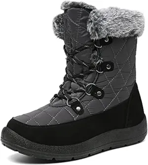 JSWEI Women Winter Snow Boots Soft Comfortable Faux Fur Mid Calf Wide Width Waterproof Warm Lace-Up Snow Boots for Women's Insulated Woman Lightweight Non-Slip Outdoor