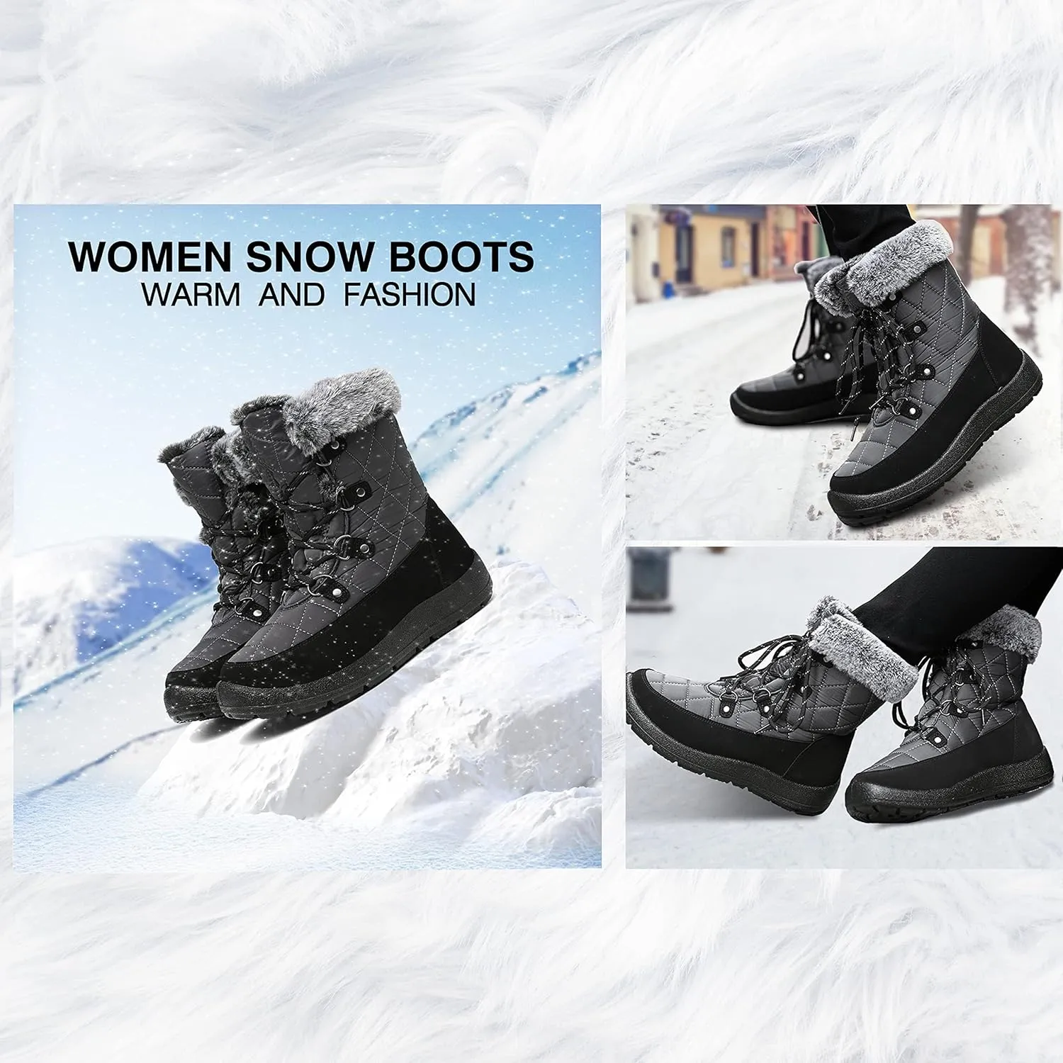 JSWEI Women Winter Snow Boots Soft Comfortable Faux Fur Mid Calf Wide Width Waterproof Warm Lace-Up Snow Boots for Women's Insulated Woman Lightweight Non-Slip Outdoor