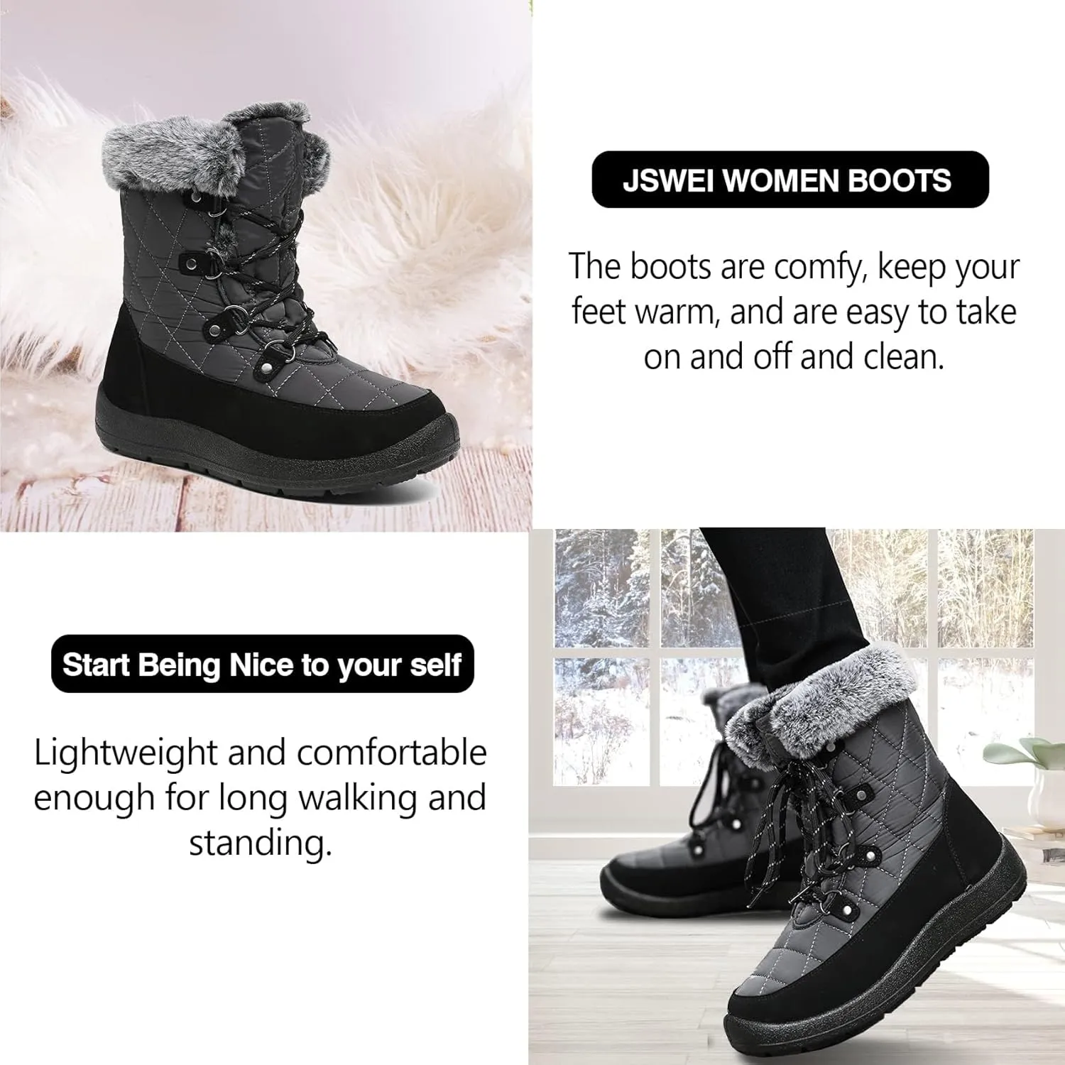 JSWEI Women Winter Snow Boots Soft Comfortable Faux Fur Mid Calf Wide Width Waterproof Warm Lace-Up Snow Boots for Women's Insulated Woman Lightweight Non-Slip Outdoor