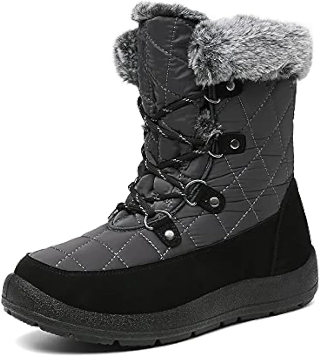 JSWEI Women Winter Snow Boots Soft Comfortable Faux Fur Mid Calf Wide Width Waterproof Warm Lace-Up Snow Boots for Women's Insulated Woman Lightweight Non-Slip Outdoor