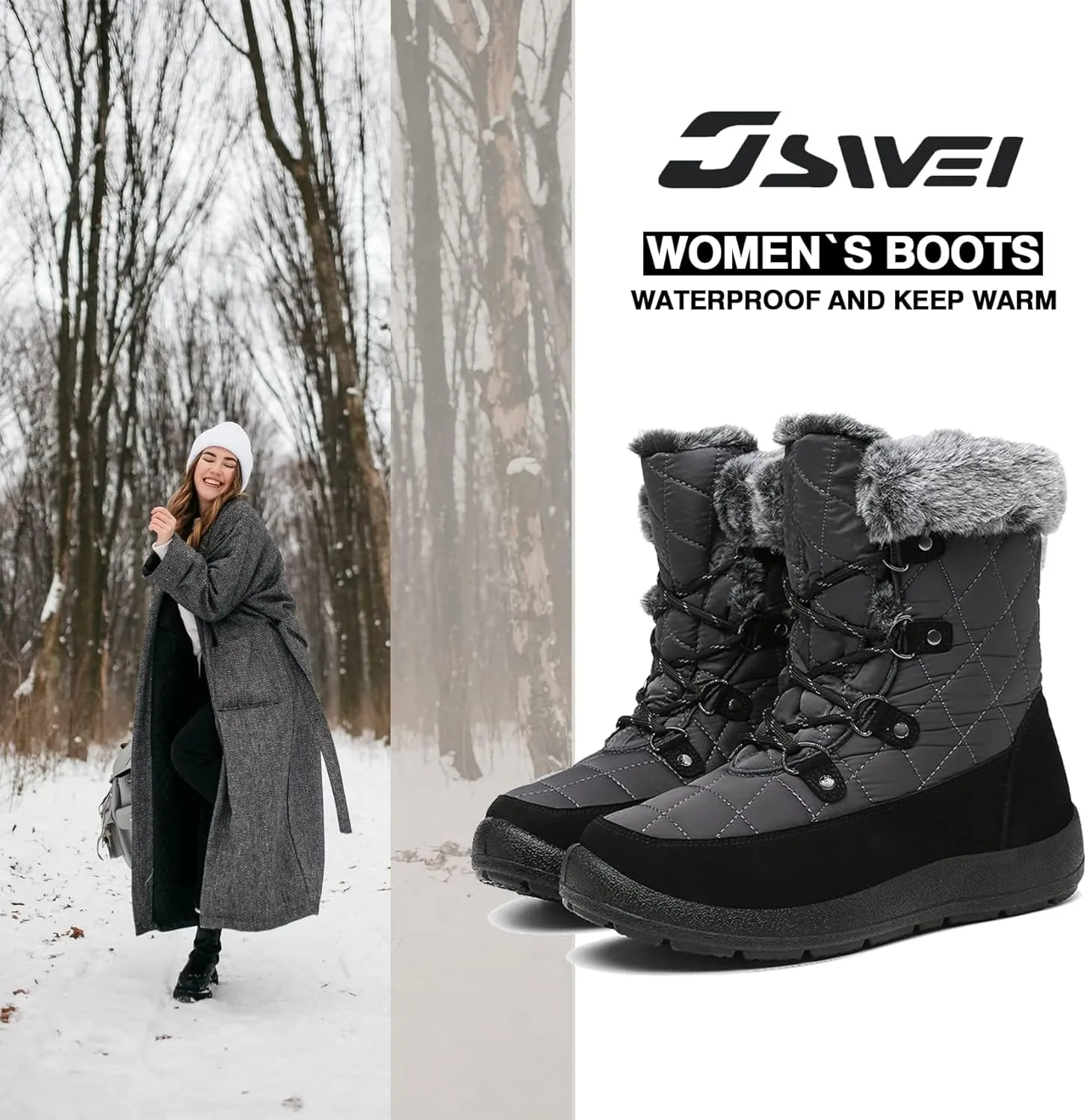 JSWEI Women Winter Snow Boots Soft Comfortable Faux Fur Mid Calf Wide Width Waterproof Warm Lace-Up Snow Boots for Women's Insulated Woman Lightweight Non-Slip Outdoor