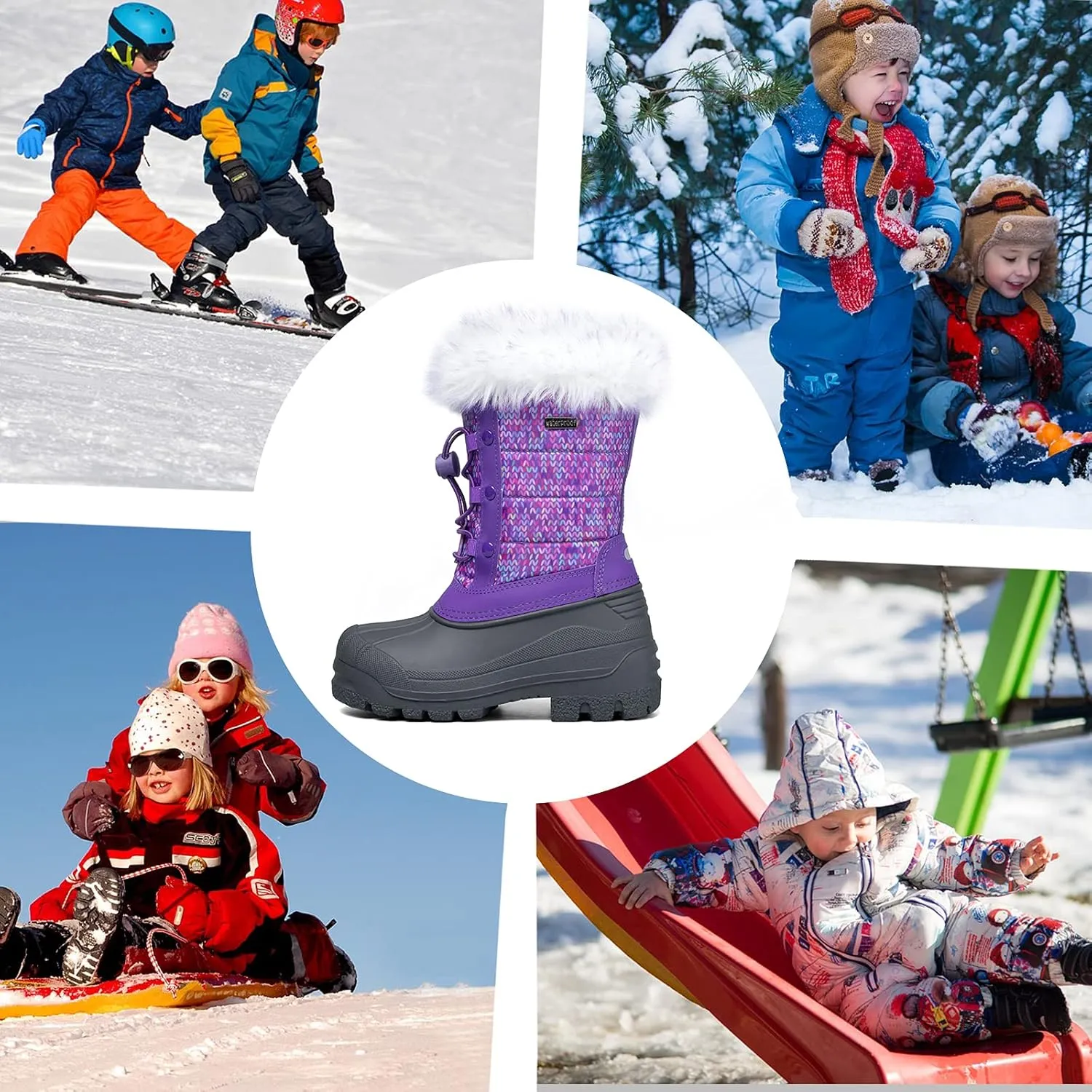 K KomForme Boys & Girls Snow Boots Insulated Fur Lined Warm Anti-Slip Waterproof Winter Boot (Toddler/Little Kid/Big Kid)