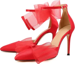 keleimusi Women's Wedding Pumps with Asymmetrical Bows and Ankle Strap High Heeled Sandals