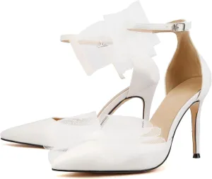 keleimusi Women's Wedding Pumps with Asymmetrical Bows and Ankle Strap High Heeled Sandals