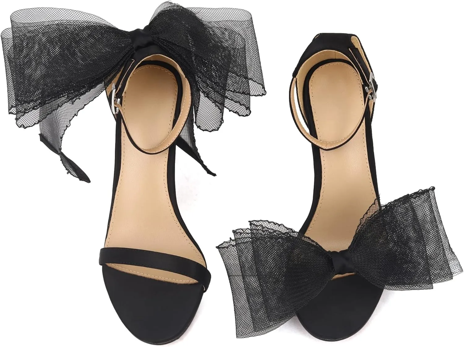 keleimusi Womens Wedding Sandals with Asymmetric Mesh Bows Dress Ankle Strap Stiletto Heels