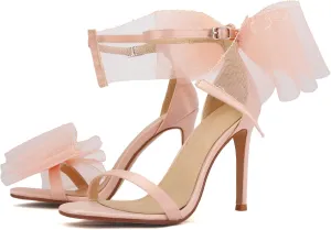 keleimusi Womens Wedding Sandals with Asymmetric Mesh Bows Dress Ankle Strap Stiletto Heels