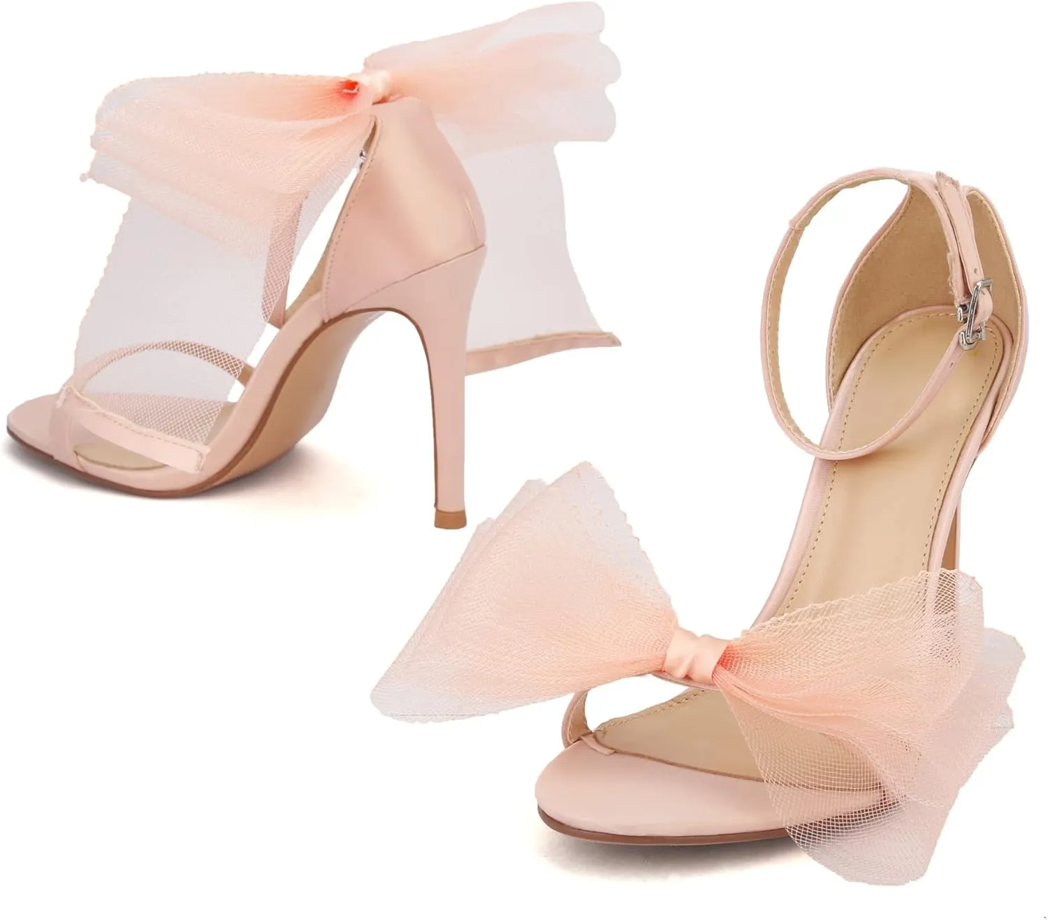 keleimusi Womens Wedding Sandals with Asymmetric Mesh Bows Dress Ankle Strap Stiletto Heels