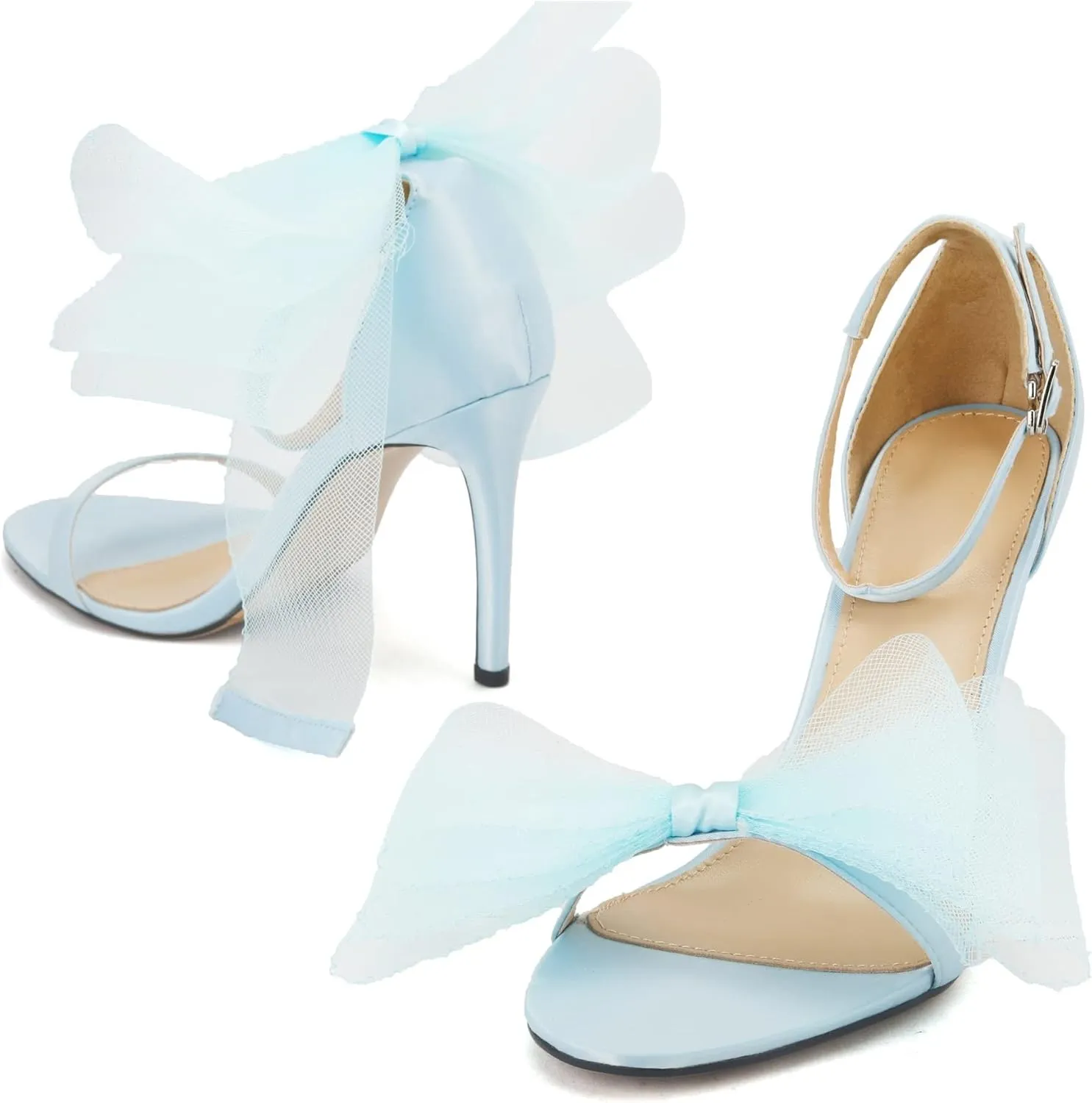 keleimusi Womens Wedding Sandals with Asymmetric Mesh Bows Dress Ankle Strap Stiletto Heels