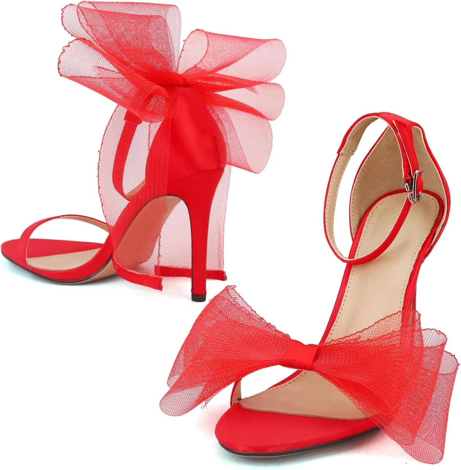 keleimusi Womens Wedding Sandals with Asymmetric Mesh Bows Dress Ankle Strap Stiletto Heels