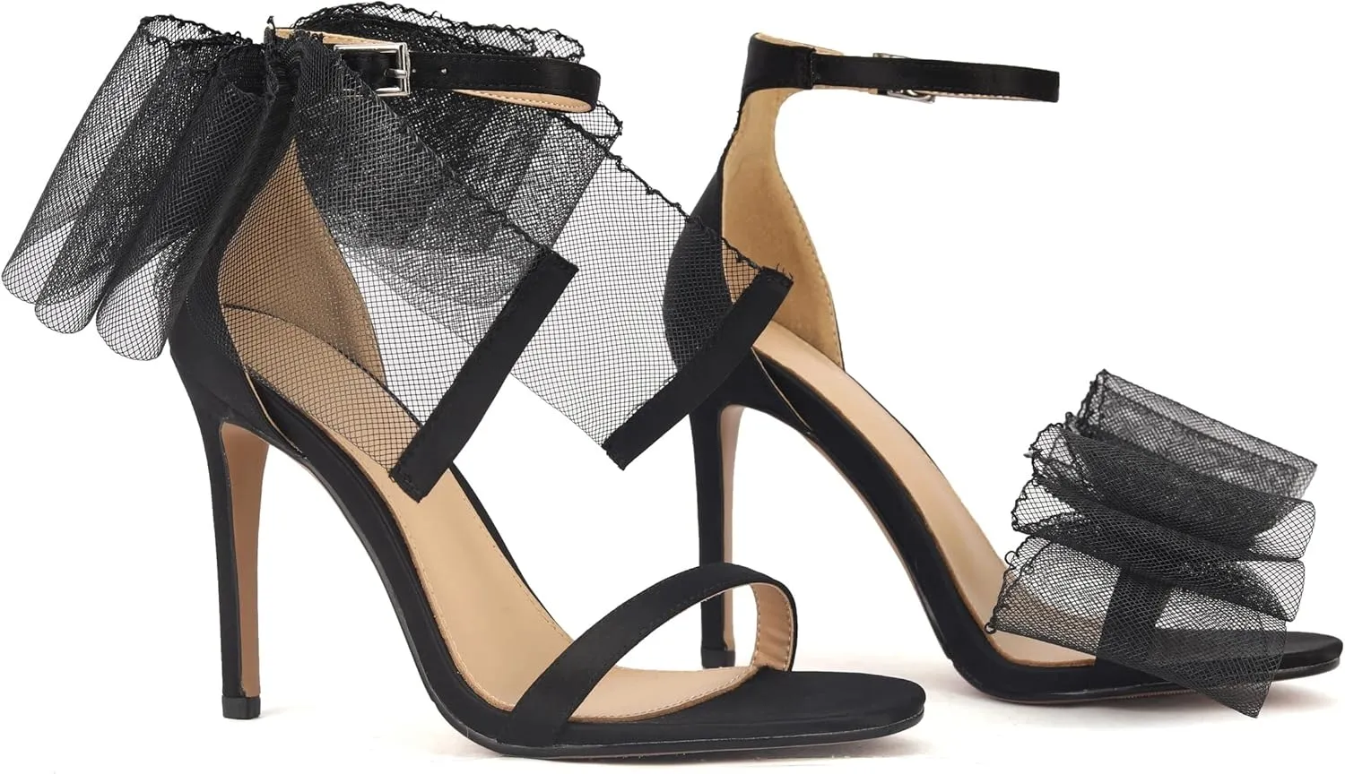 keleimusi Womens Wedding Sandals with Asymmetric Mesh Bows Dress Ankle Strap Stiletto Heels