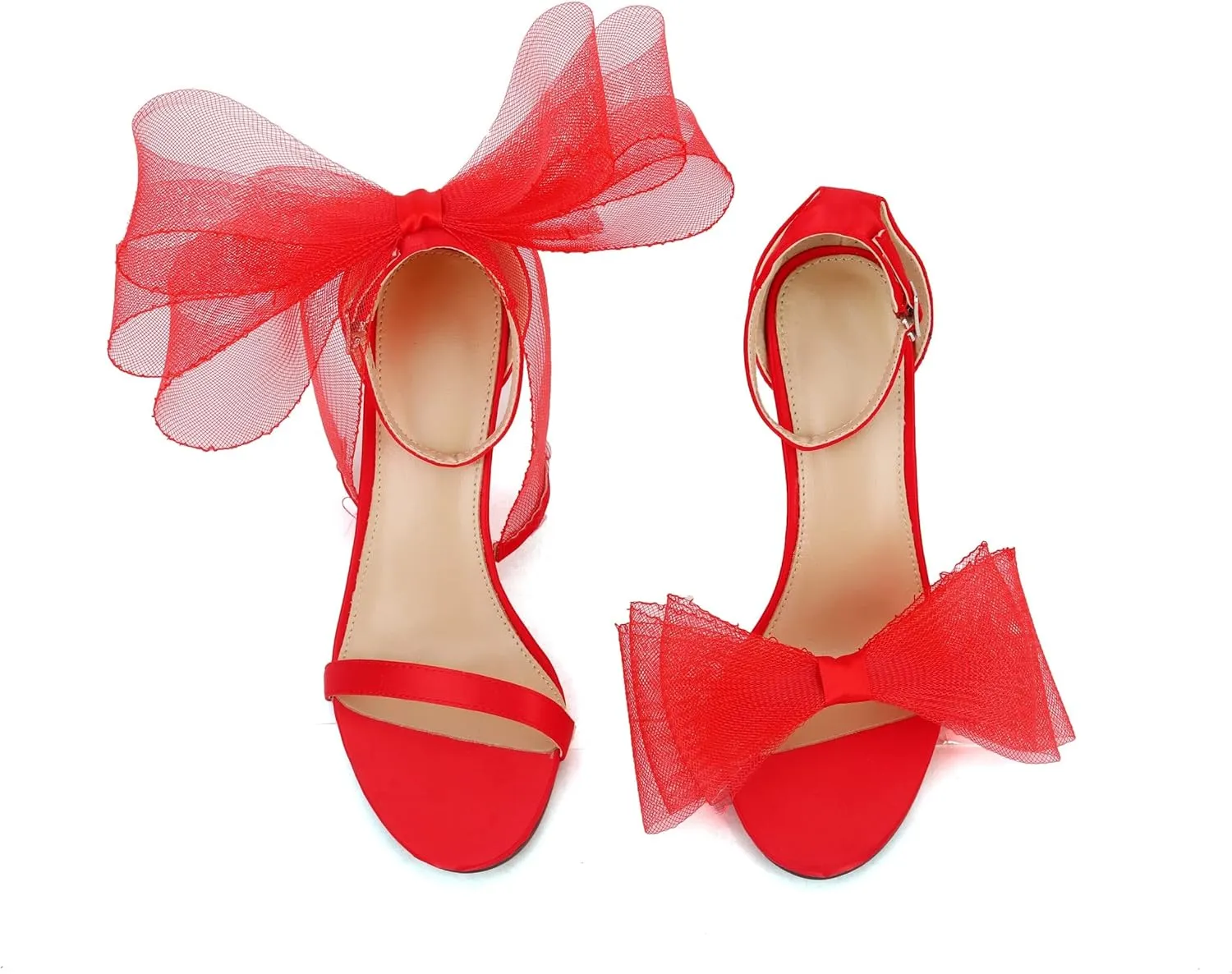 keleimusi Womens Wedding Sandals with Asymmetric Mesh Bows Dress Ankle Strap Stiletto Heels