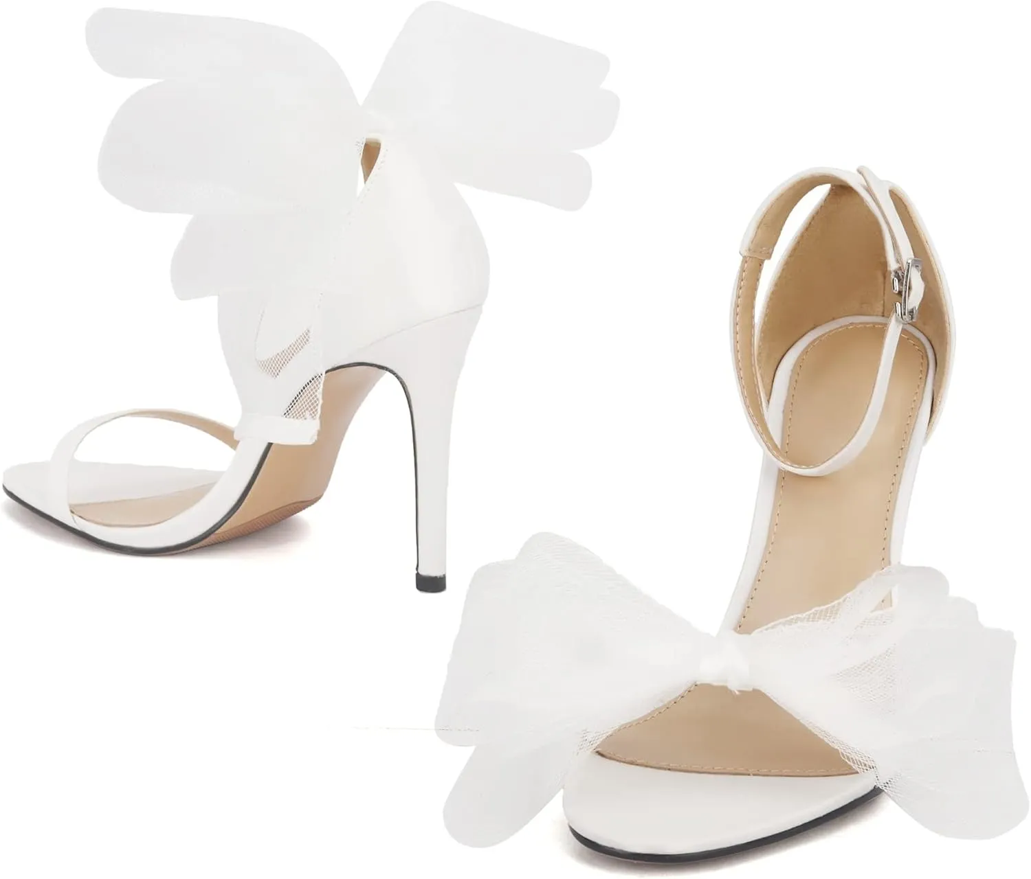 keleimusi Womens Wedding Sandals with Asymmetric Mesh Bows Dress Ankle Strap Stiletto Heels