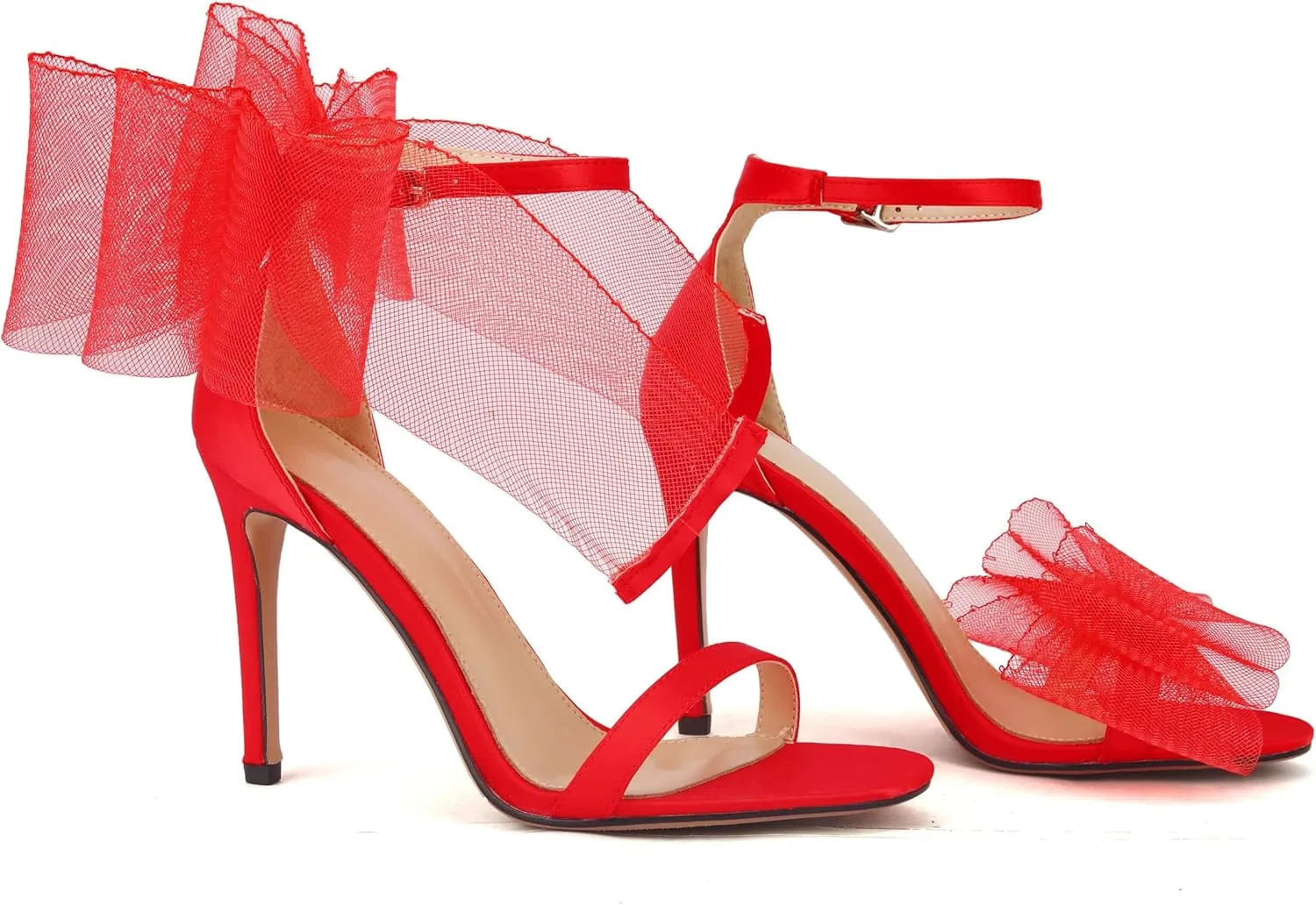 keleimusi Womens Wedding Sandals with Asymmetric Mesh Bows Dress Ankle Strap Stiletto Heels