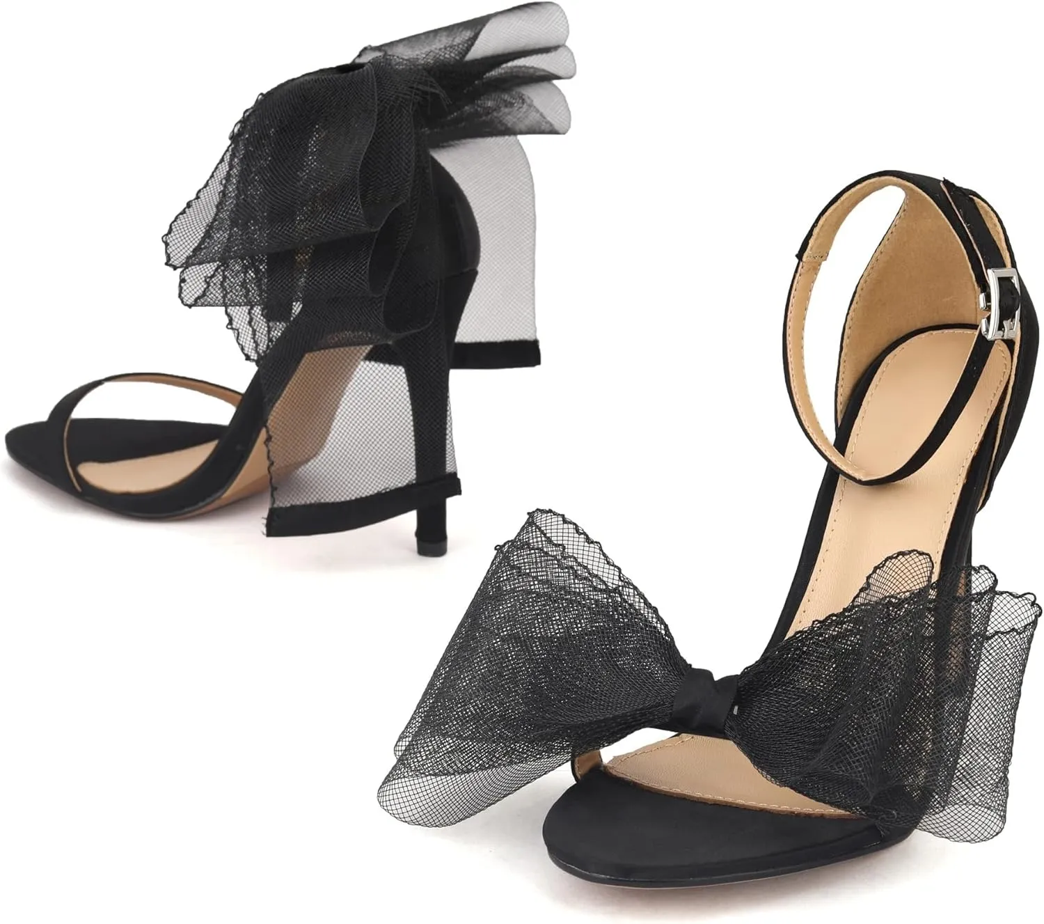 keleimusi Womens Wedding Sandals with Asymmetric Mesh Bows Dress Ankle Strap Stiletto Heels