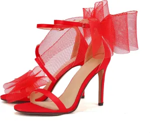 keleimusi Womens Wedding Sandals with Asymmetric Mesh Bows Dress Ankle Strap Stiletto Heels