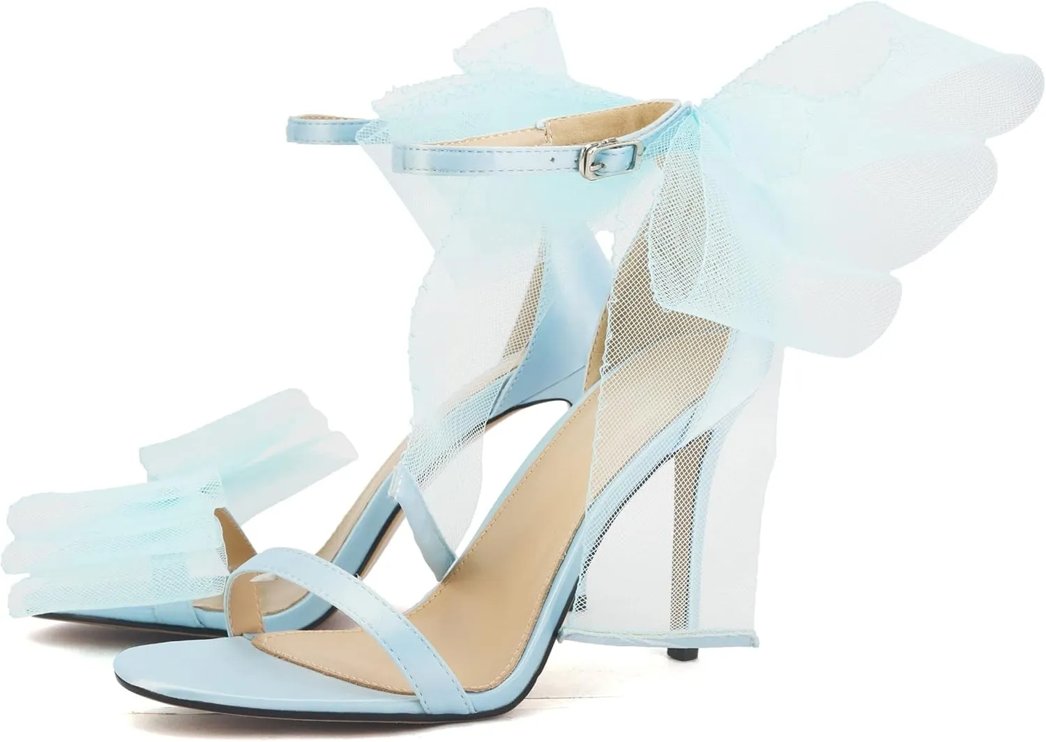 keleimusi Womens Wedding Sandals with Asymmetric Mesh Bows Dress Ankle Strap Stiletto Heels