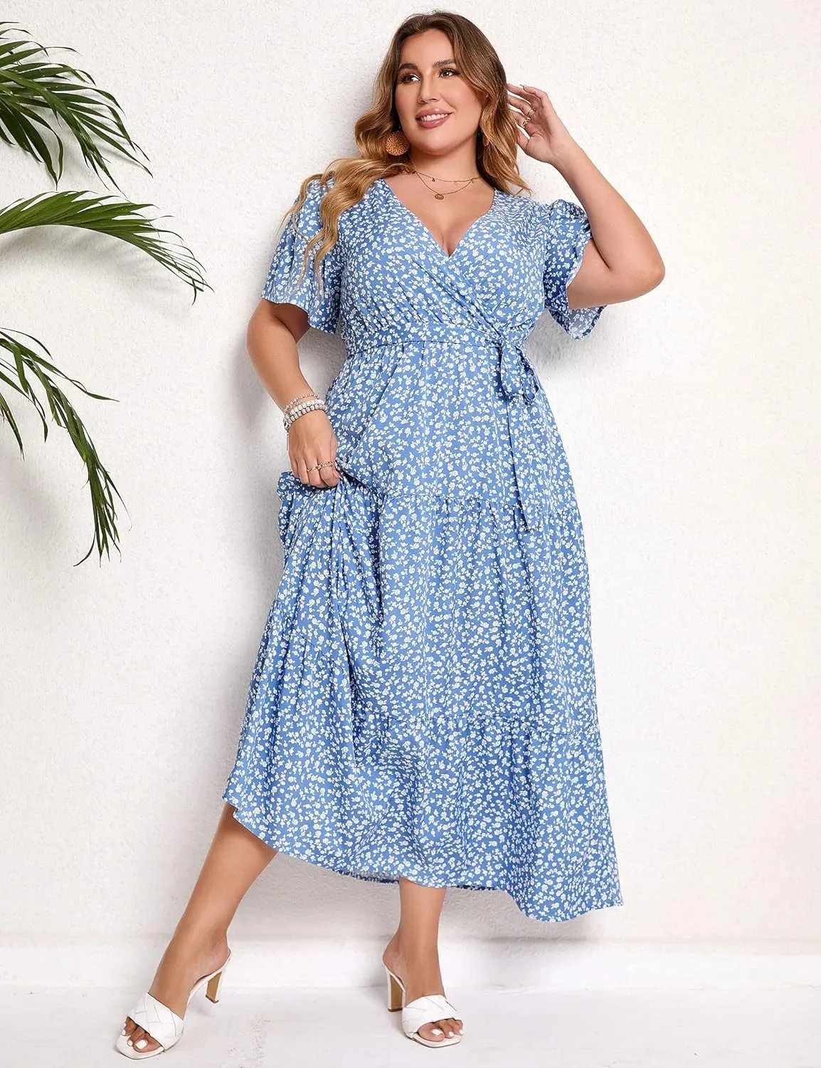 KOJOOIN Women Plus Size V Neck Wrap Maxi Dress Short Sleeves High Waist Ruffle Summer Casual Dress with Belt