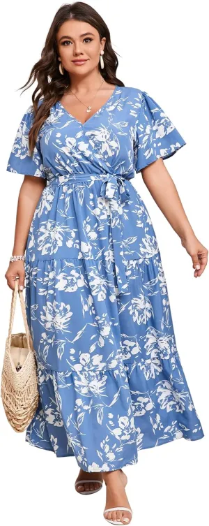 KOJOOIN Women Plus Size V Neck Wrap Maxi Dress Short Sleeves High Waist Ruffle Summer Casual Dress with Belt