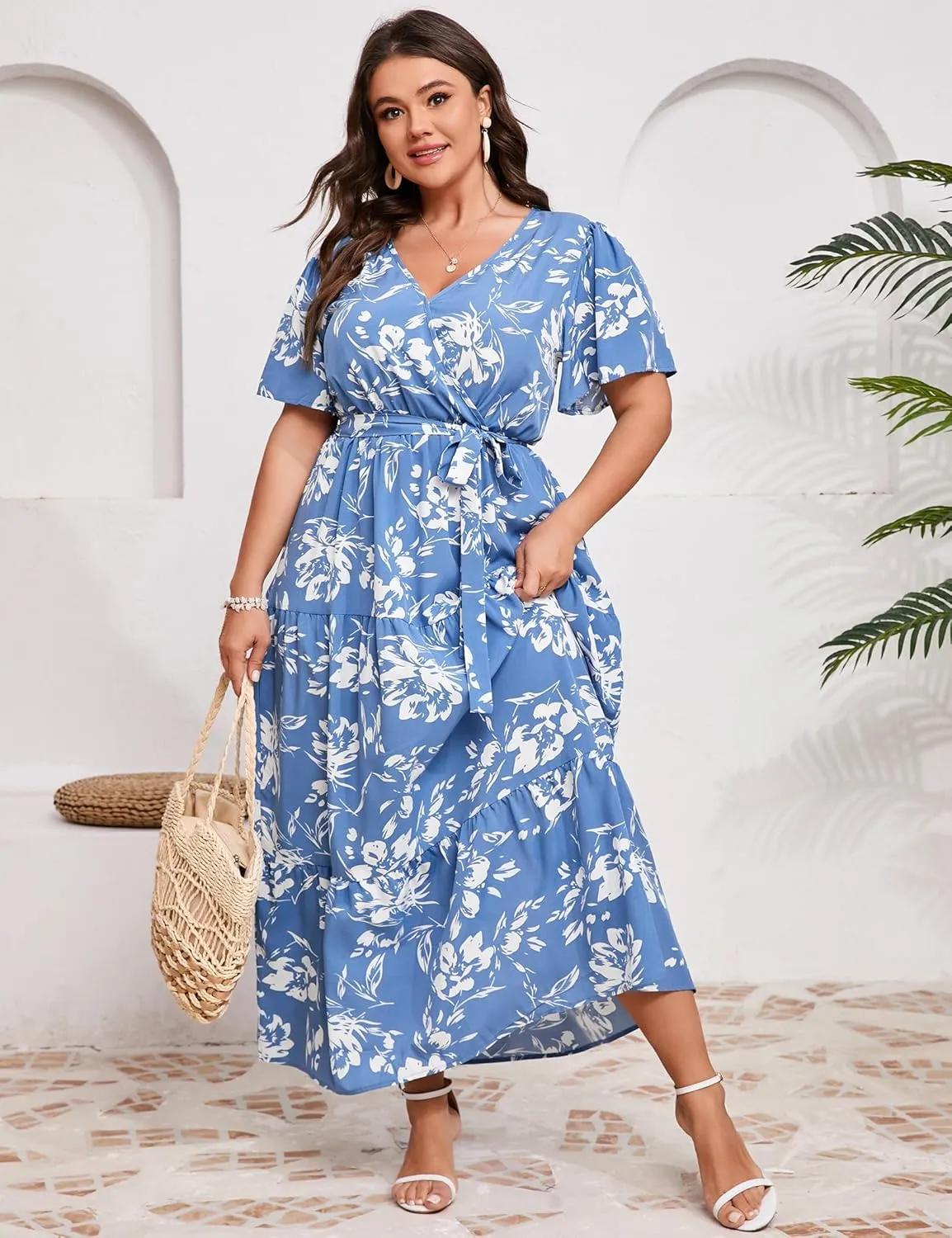 KOJOOIN Women Plus Size V Neck Wrap Maxi Dress Short Sleeves High Waist Ruffle Summer Casual Dress with Belt